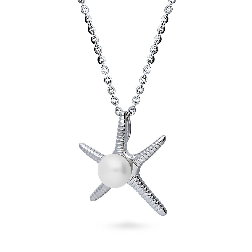 Front view of Starfish Solitaire Cultured Pearl Necklace in Sterling Silver, 4 of 6