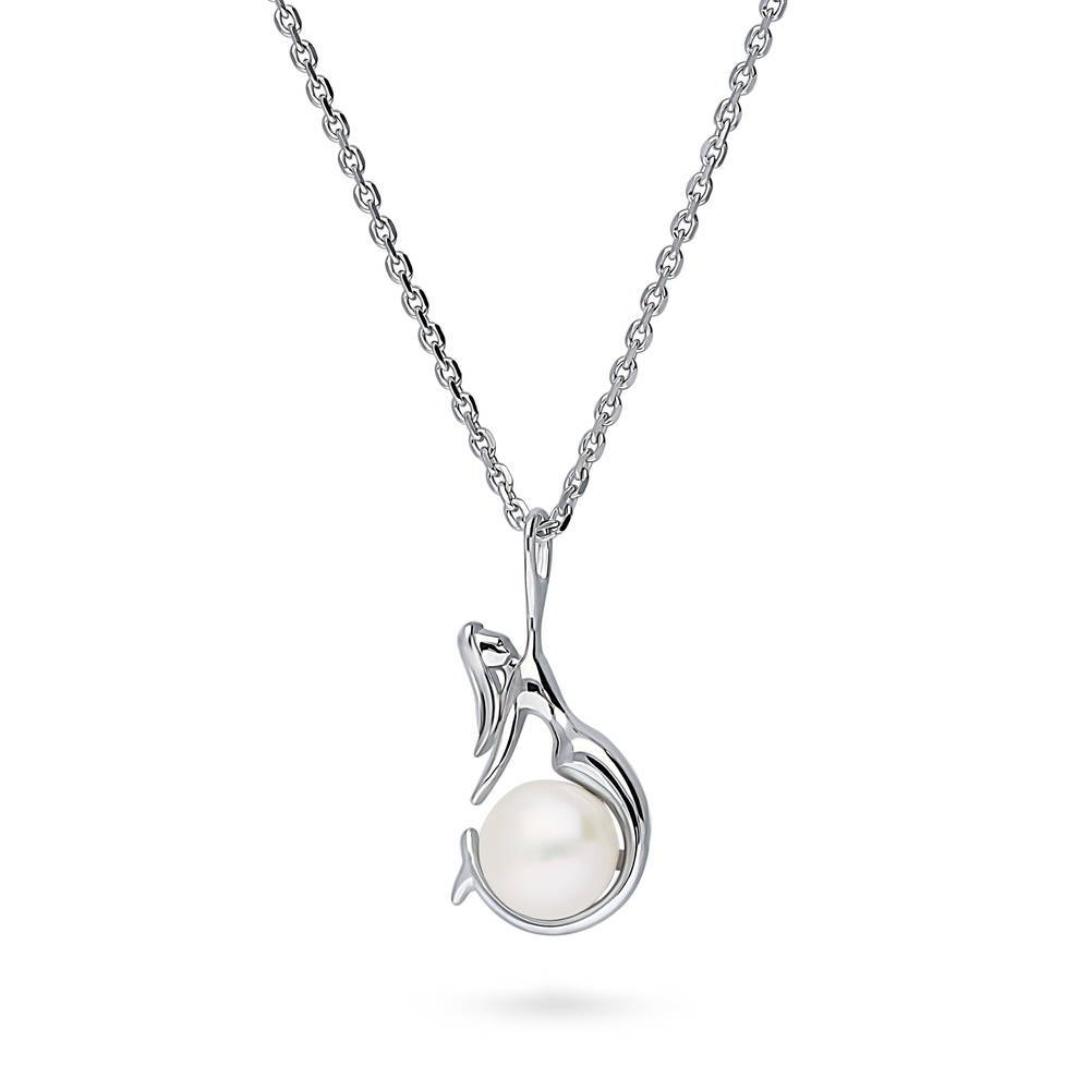 Mermaid White Button Cultured Pearl Necklace in Sterling Silver