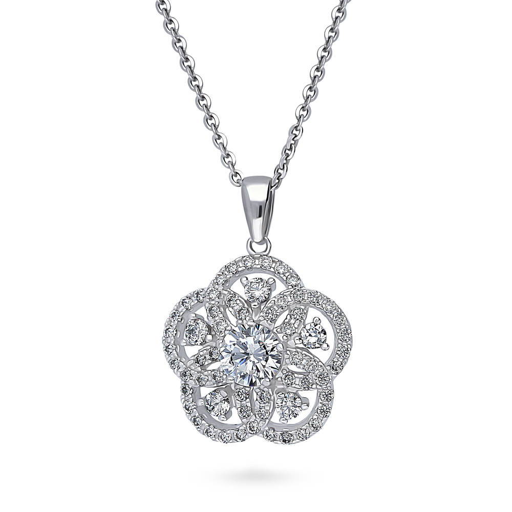 Front view of Flower CZ Pendant Necklace in Sterling Silver, 4 of 6