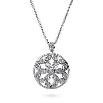 Flower Medallion CZ Pendant Necklace in Sterling Silver