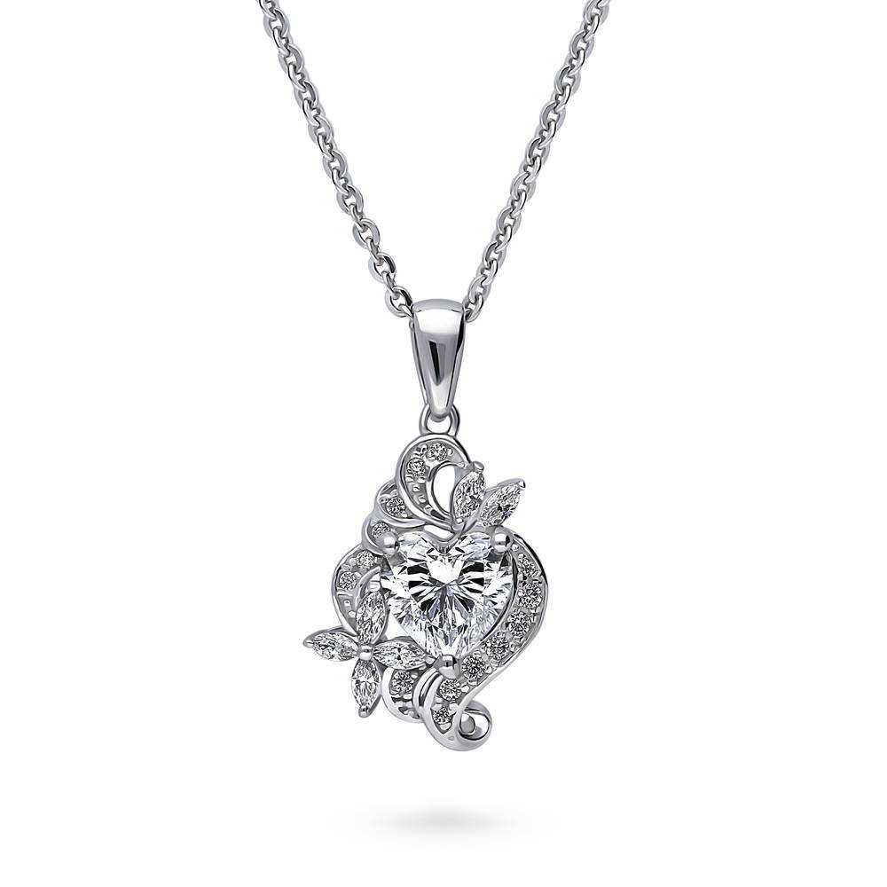 Heart Flower CZ Pendant Necklace in Sterling Silver