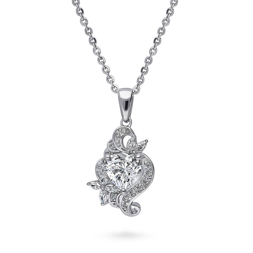 Flower Heart CZ Necklace and Earrings Set in Sterling Silver