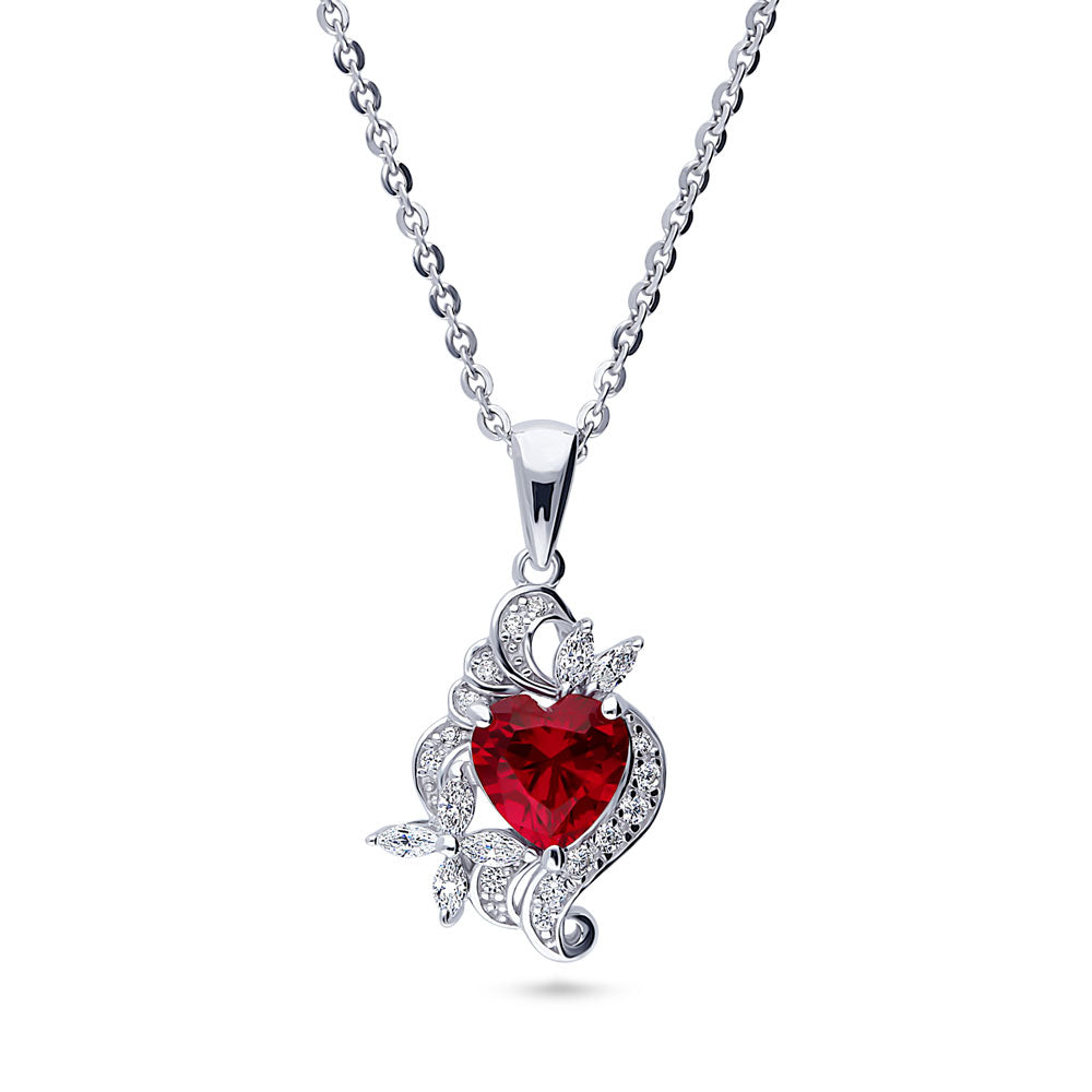 Flower Heart Simulated Ruby CZ Set in Sterling Silver