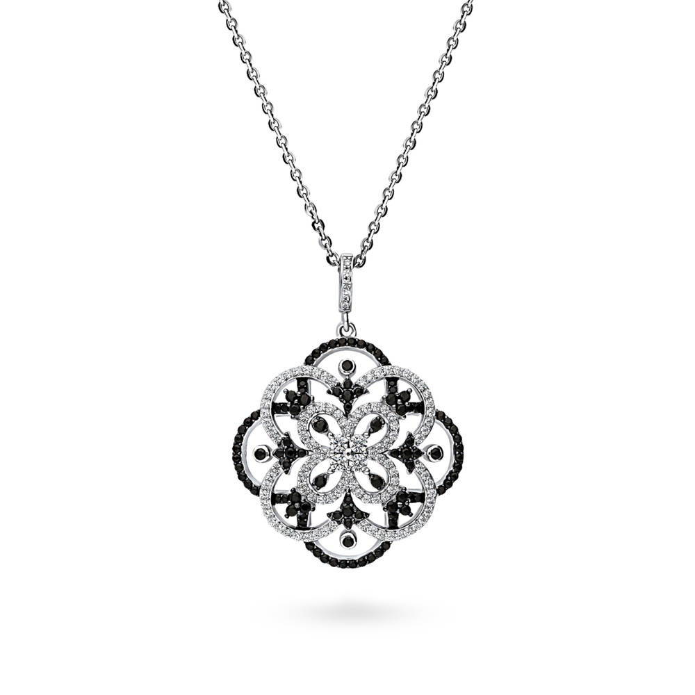 Flower Black and White CZ Statement Pendant Necklace in Sterling Silver