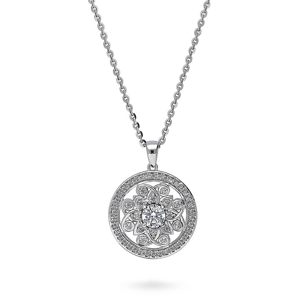 Flower Medallion CZ Necklace and Earrings Set in Sterling Silver