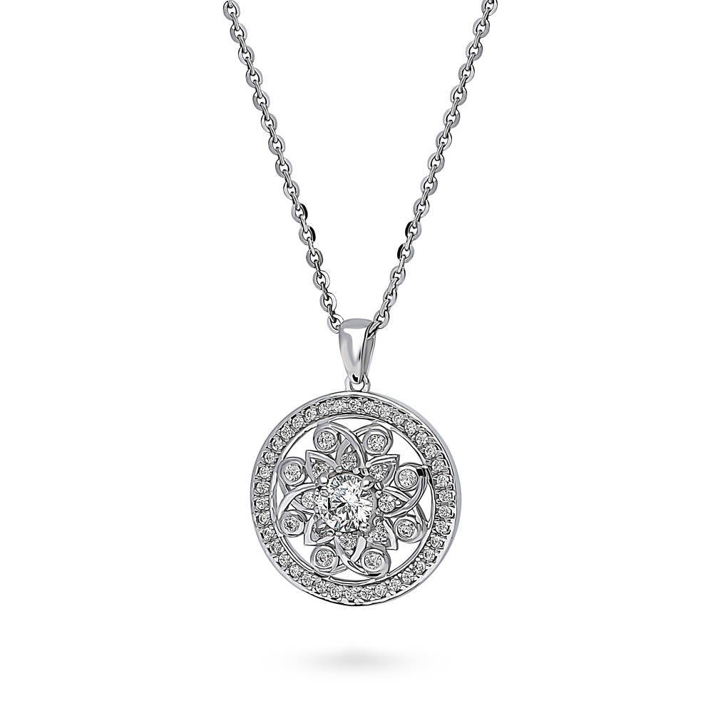 Front view of Flower Medallion Filigree CZ Necklace in Sterling Silver, 4 of 8