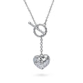 Front view of Heart Open Circle CZ Toggle Lariat Necklace, Rhodium Plated