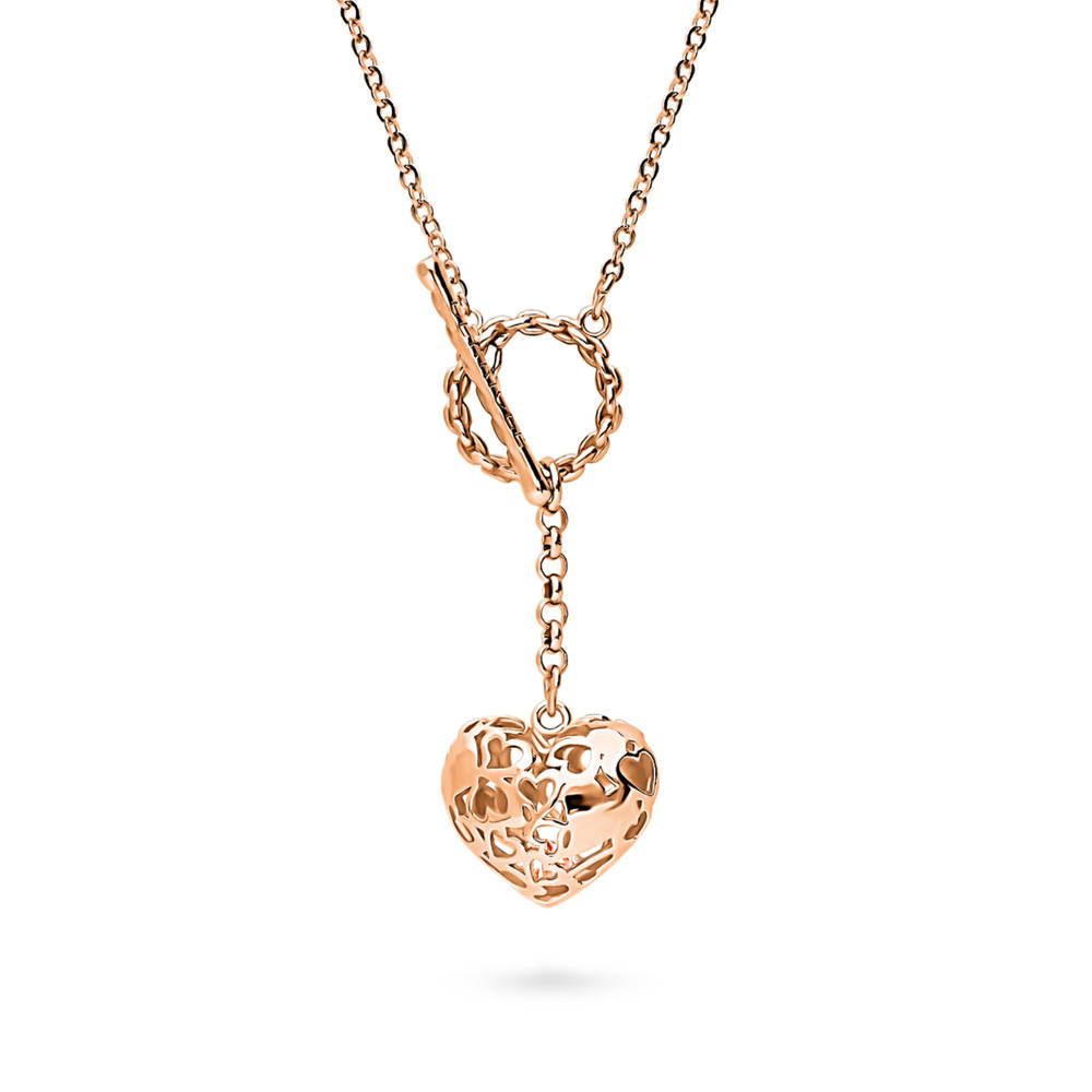 Front view of Heart Open Circle CZ Toggle Lariat Necklace, Rose Gold Flashed