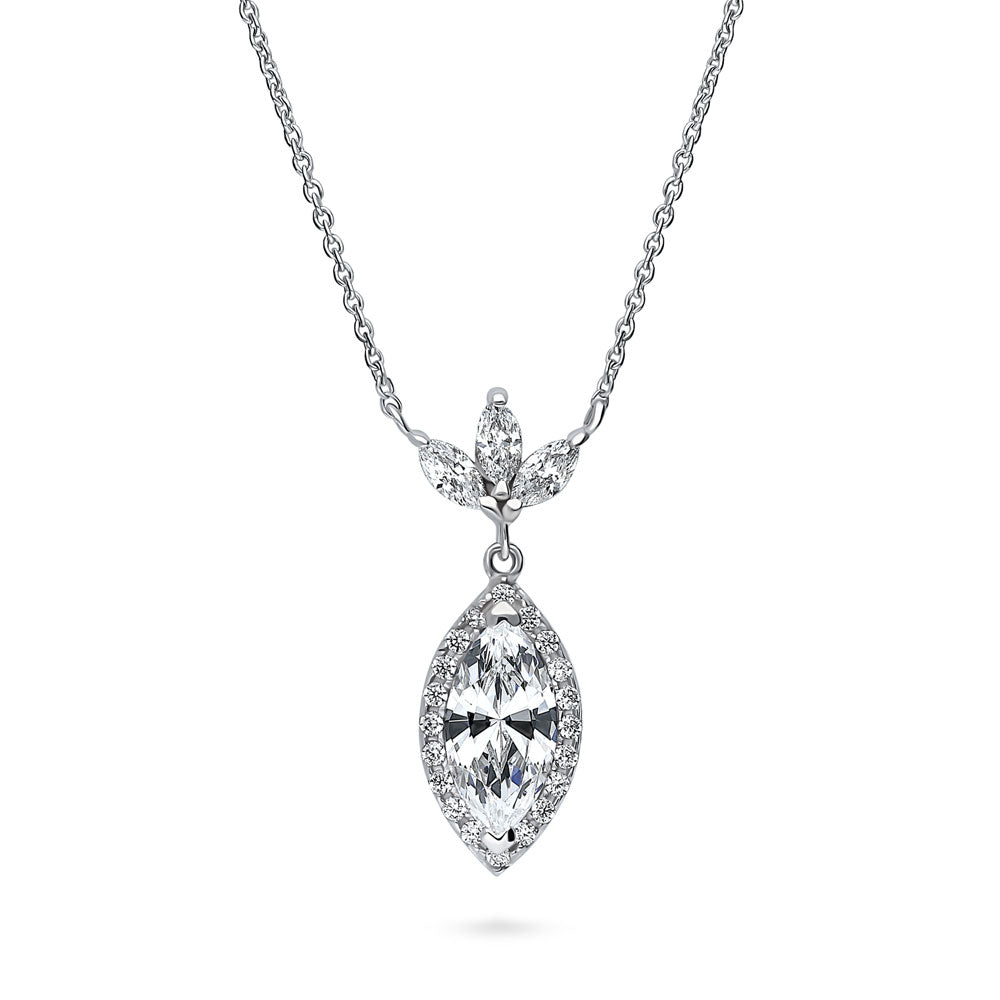Halo Flower Marquise CZ Pendant Necklace in Sterling Silver