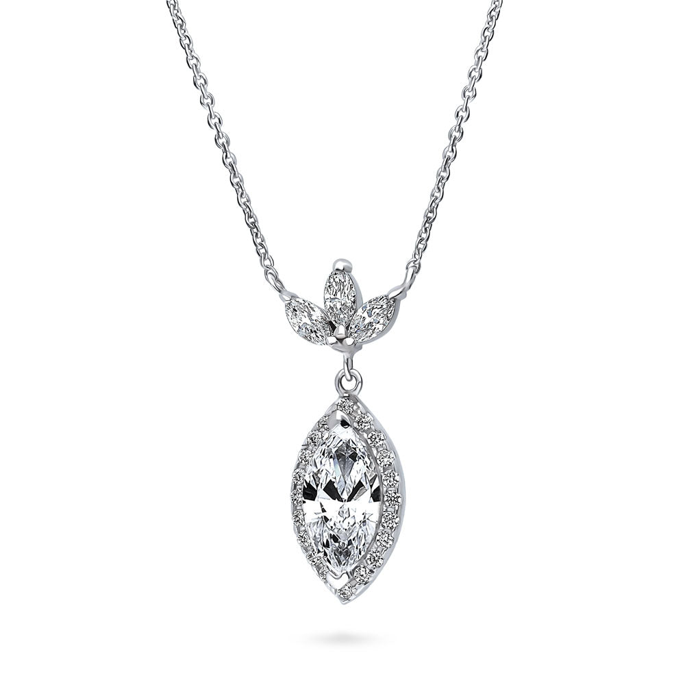 Front view of Halo Flower Marquise CZ Necklace in Sterling Silver, 4 of 5