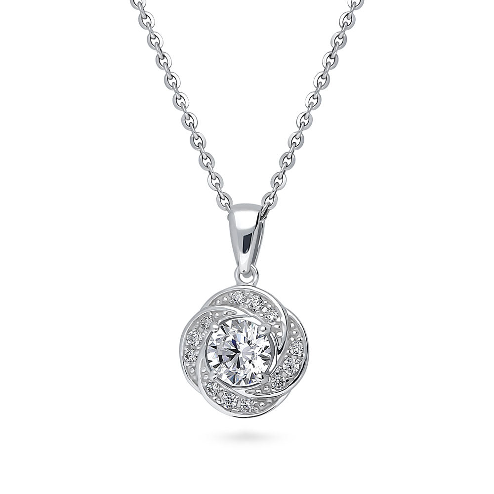 Front view of Flower Woven Halo CZ Necklace in Sterling Silver, 4 of 8