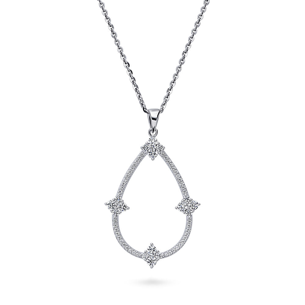 Flower Teardrop CZ Pendant Necklace in Sterling Silver