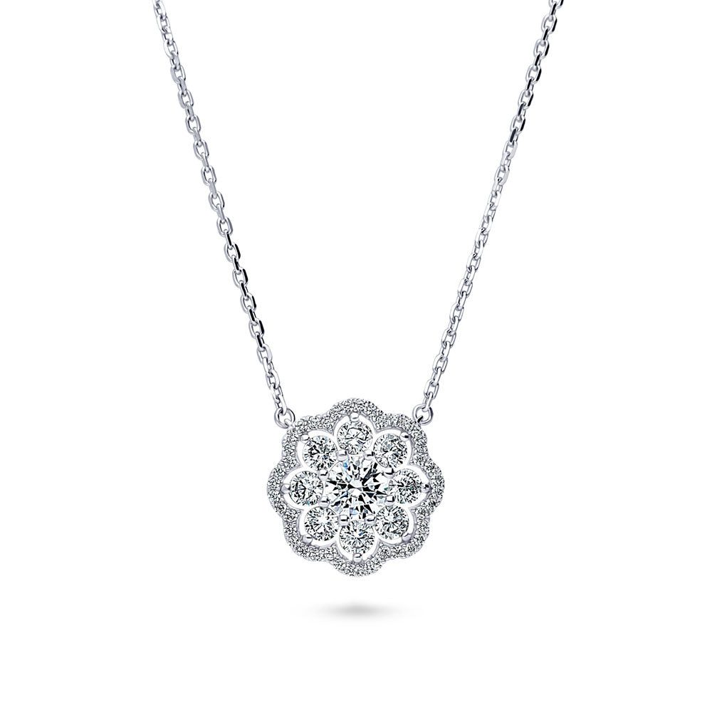 Flower Halo CZ Necklace and Earrings in Sterling Silver