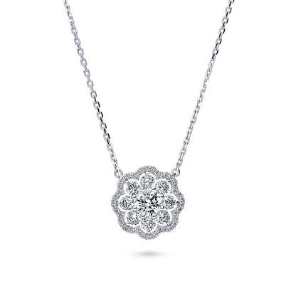 Flower Halo CZ Necklace and Earrings in Sterling Silver