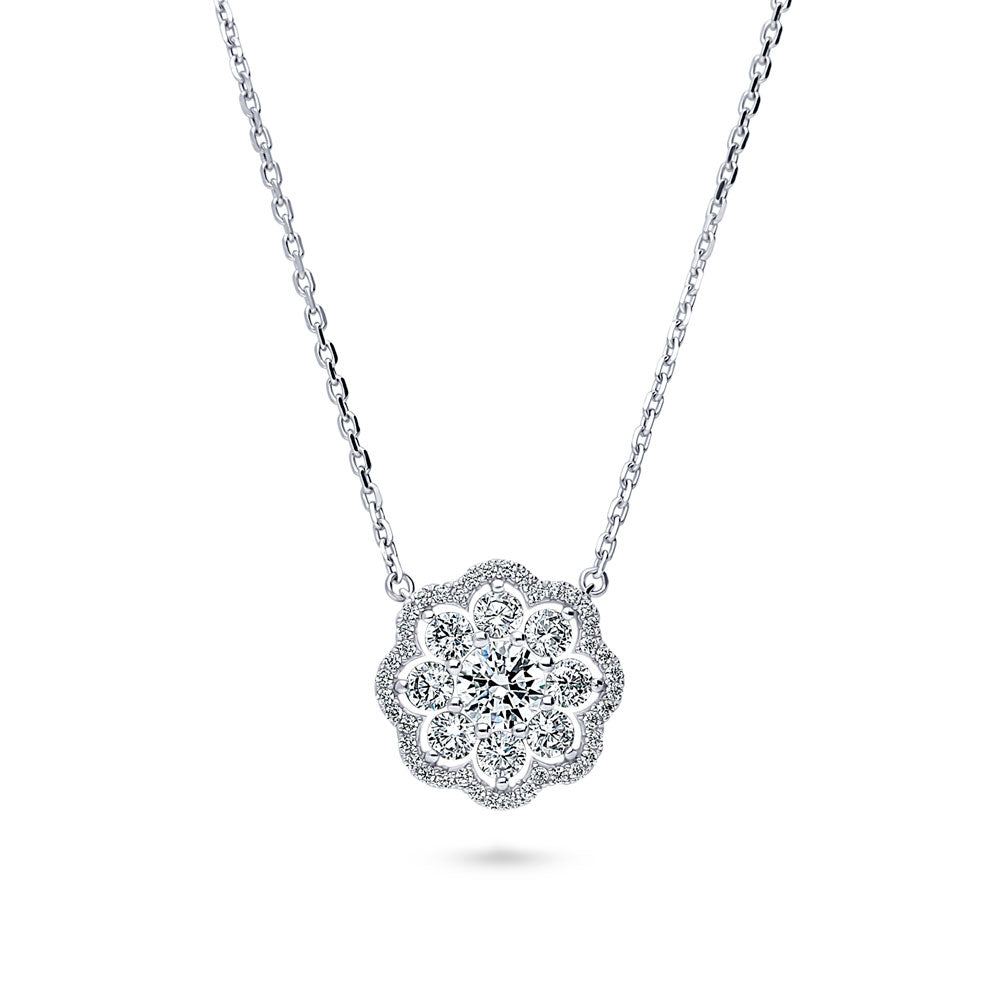 Flower Halo CZ Necklace and Earrings Set in Sterling Silver