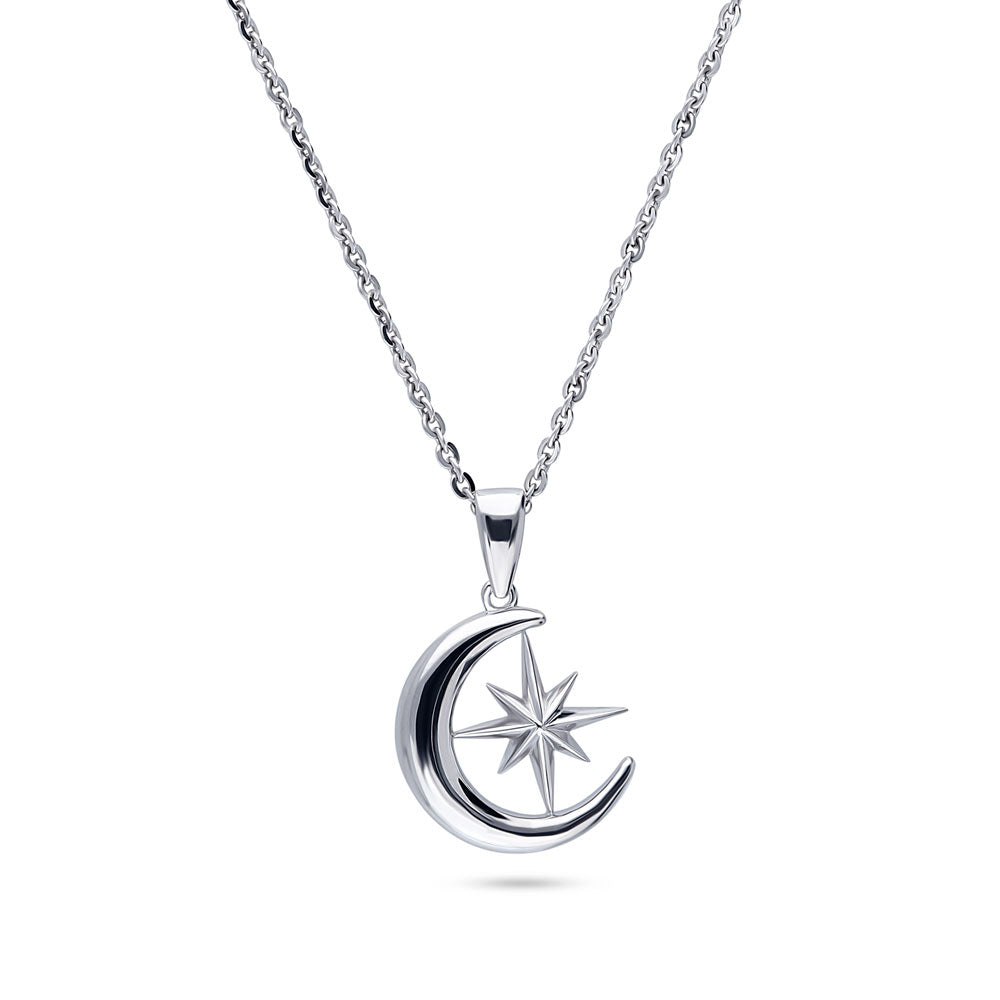 Crescent Moon North Star Necklace and Earrings Set in Sterling Silver