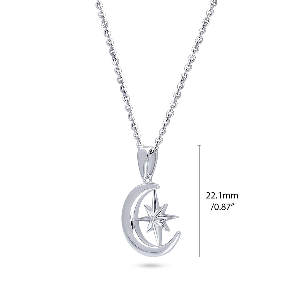 Crescent Moon North Star Pendant Necklace in Sterling Silver
