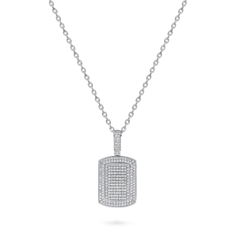 Angle view of Dog Tag CZ Necklace, Rhodium Plated, Clear Stone