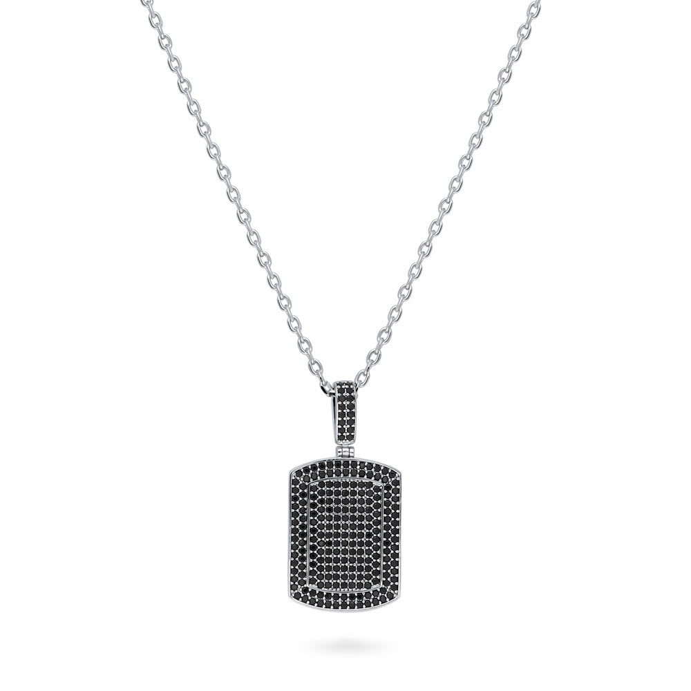 Angle view of Dog Tag CZ Necklace, Rhodium Plated, Black Stone