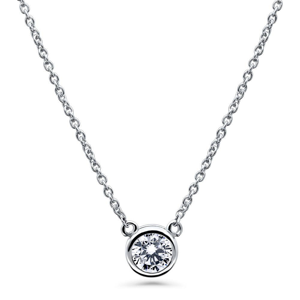 Solitaire 0.45ct Round CZ Pendant Station Necklace in Sterling Silver