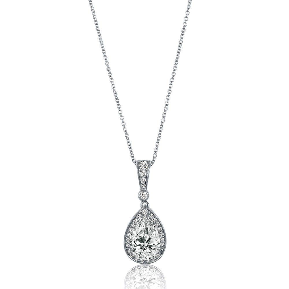 Halo Pear CZ Pendant Necklace in Sterling Silver