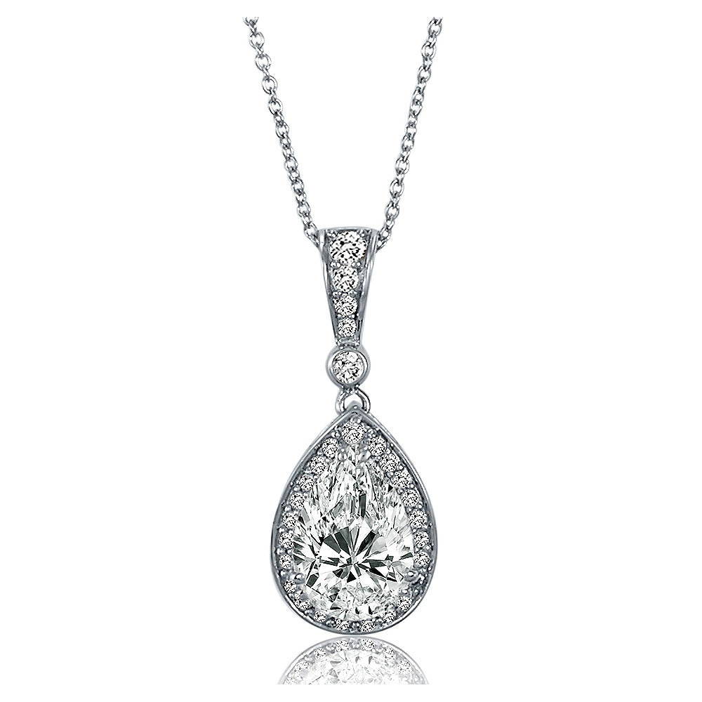 Halo Pear CZ Pendant Necklace in Sterling Silver