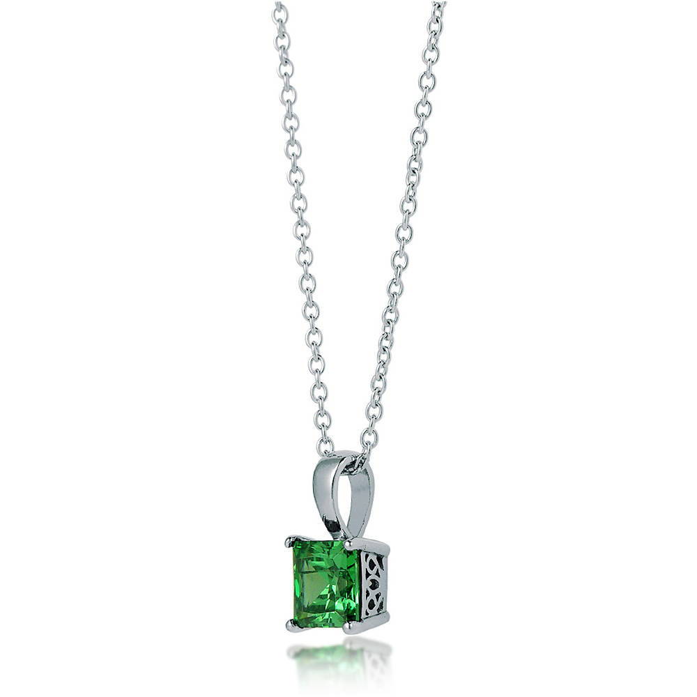 Solitaire Simulated Emerald Princess CZ Necklace in Sterling Silver