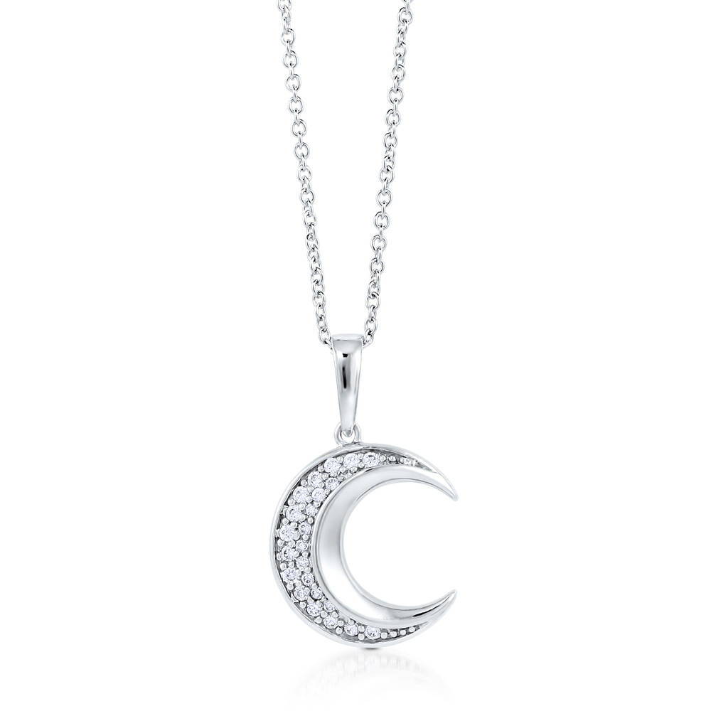 Front view of Crescent Moon CZ Necklace in Sterling Silver, 4 of 8
