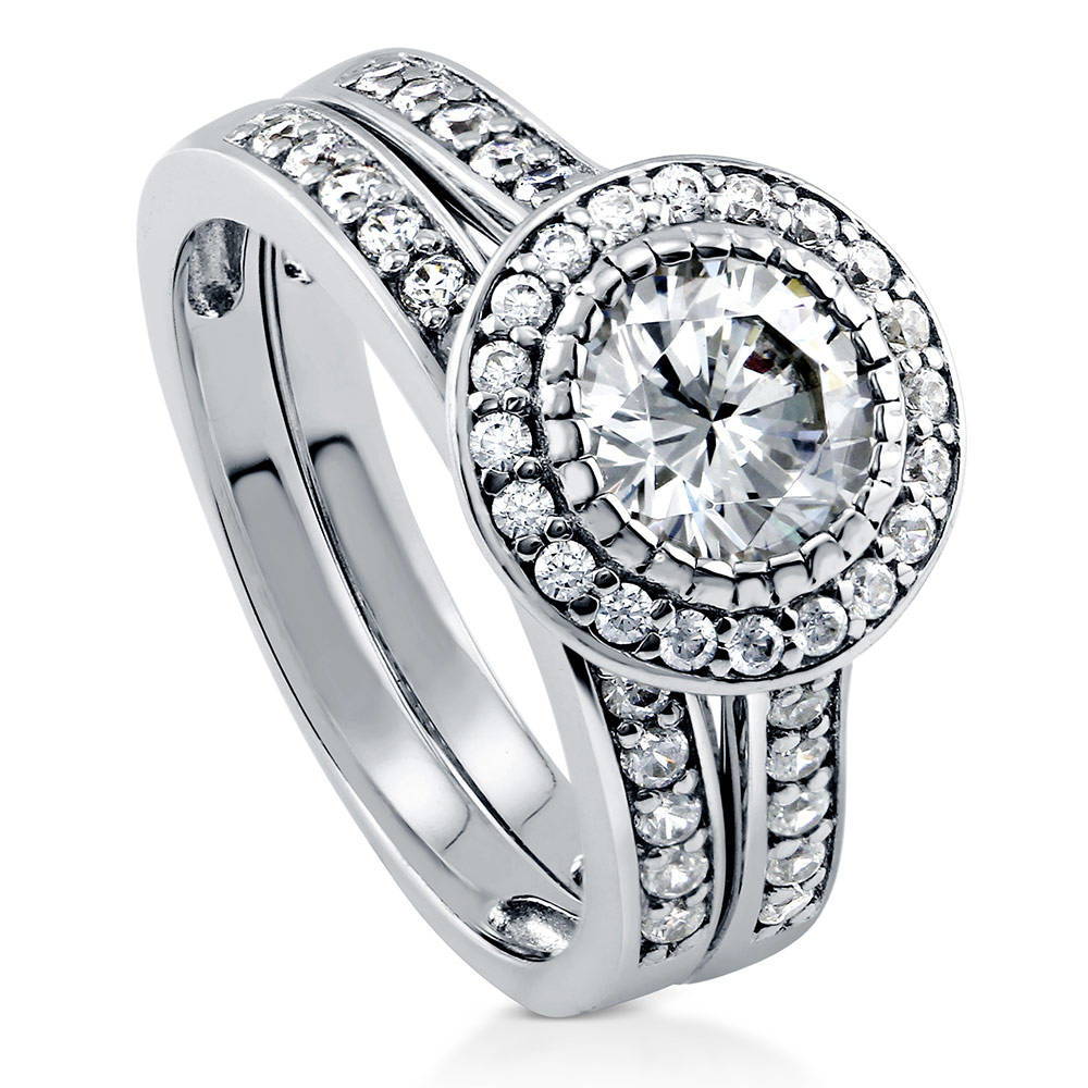 Halo Round CZ Ring Set in Sterling Silver