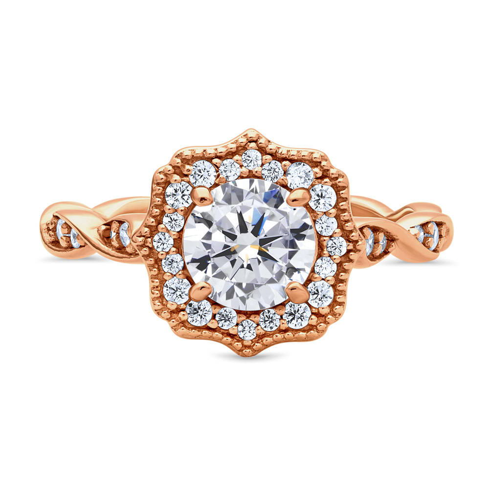 Halo Art Deco Round CZ Ring in Rose Gold Plated Sterling Silver