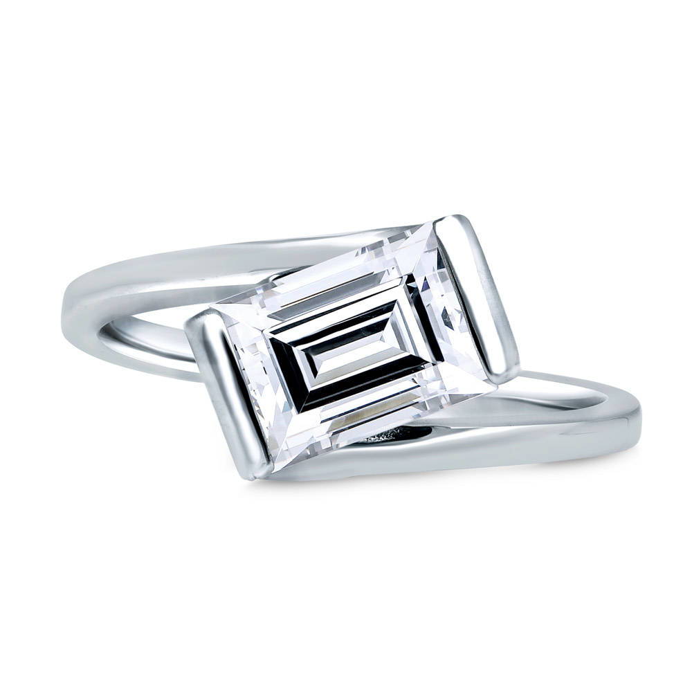Solitaire Bypass 1.7ct Emerald Cut CZ Ring in Sterling Silver