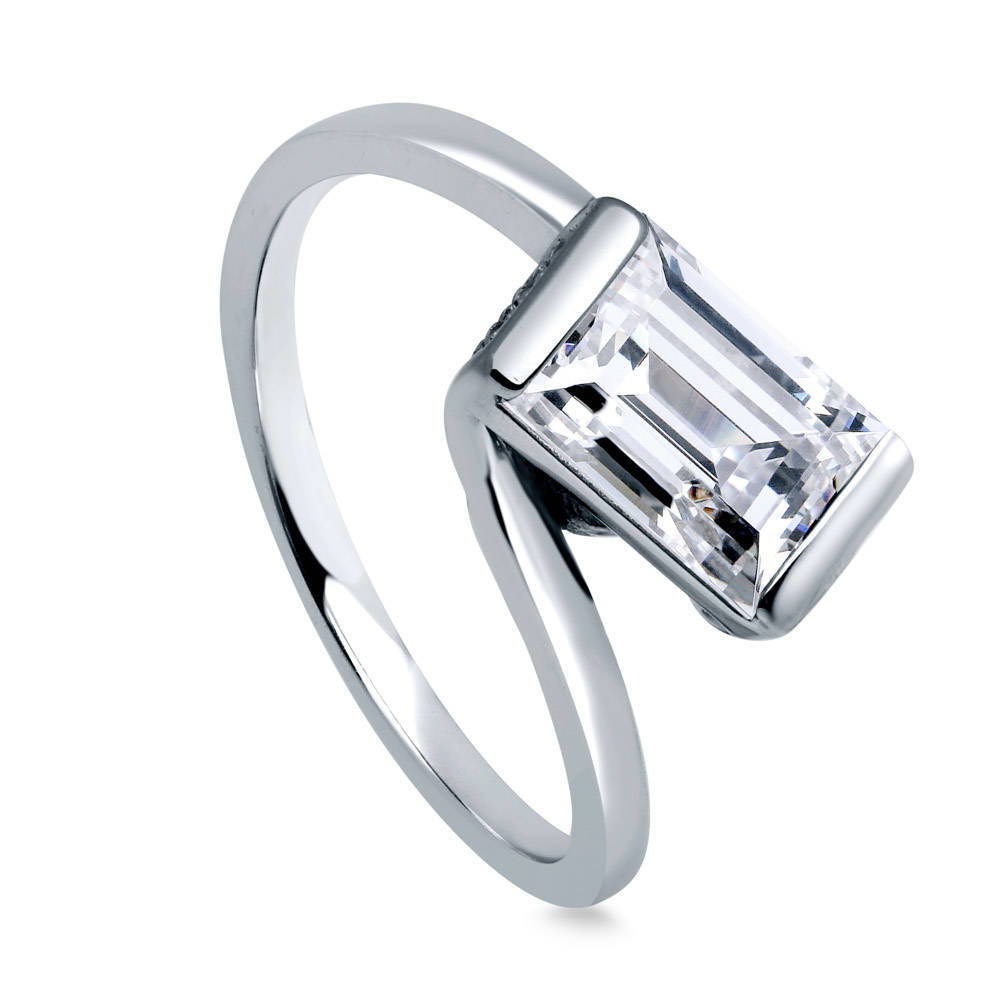 Solitaire Bypass 1.7ct Emerald Cut CZ Ring in Sterling Silver