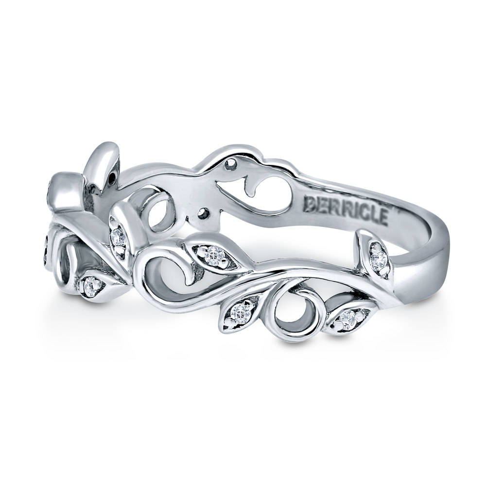 Angle view of Leaf Filigree CZ Ring in Sterling Silver, 5 of 9