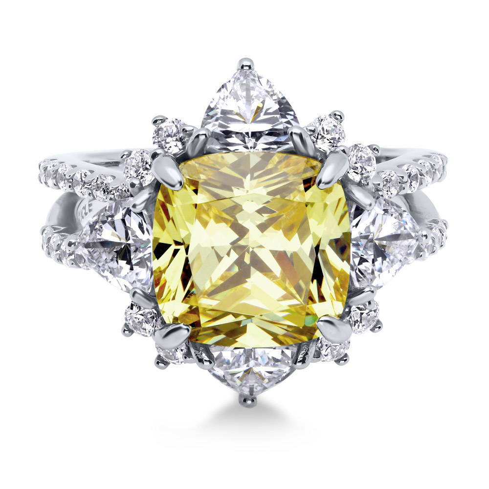 Halo Flower Canary Yellow CZ Split Shank Ring in Sterling Silver