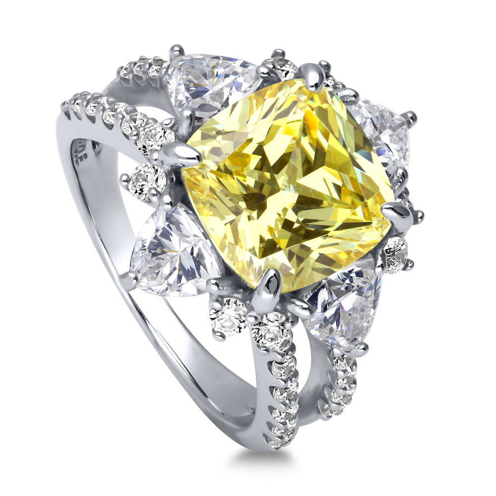 Halo Flower Canary Yellow CZ Split Shank Ring in Sterling Silver