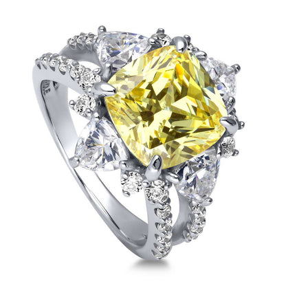 Halo Flower Canary Yellow CZ Split Shank Ring in Sterling Silver