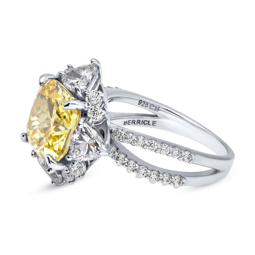 Angle view of Halo Flower Canary Yellow CZ Split Shank Ring in Sterling Silver, 5 of 8