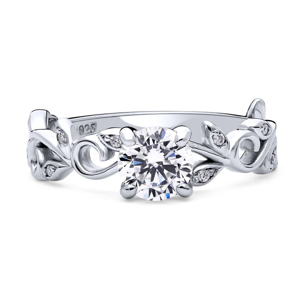 Solitaire Leaf 0.8ct Round CZ Ring in Sterling Silver