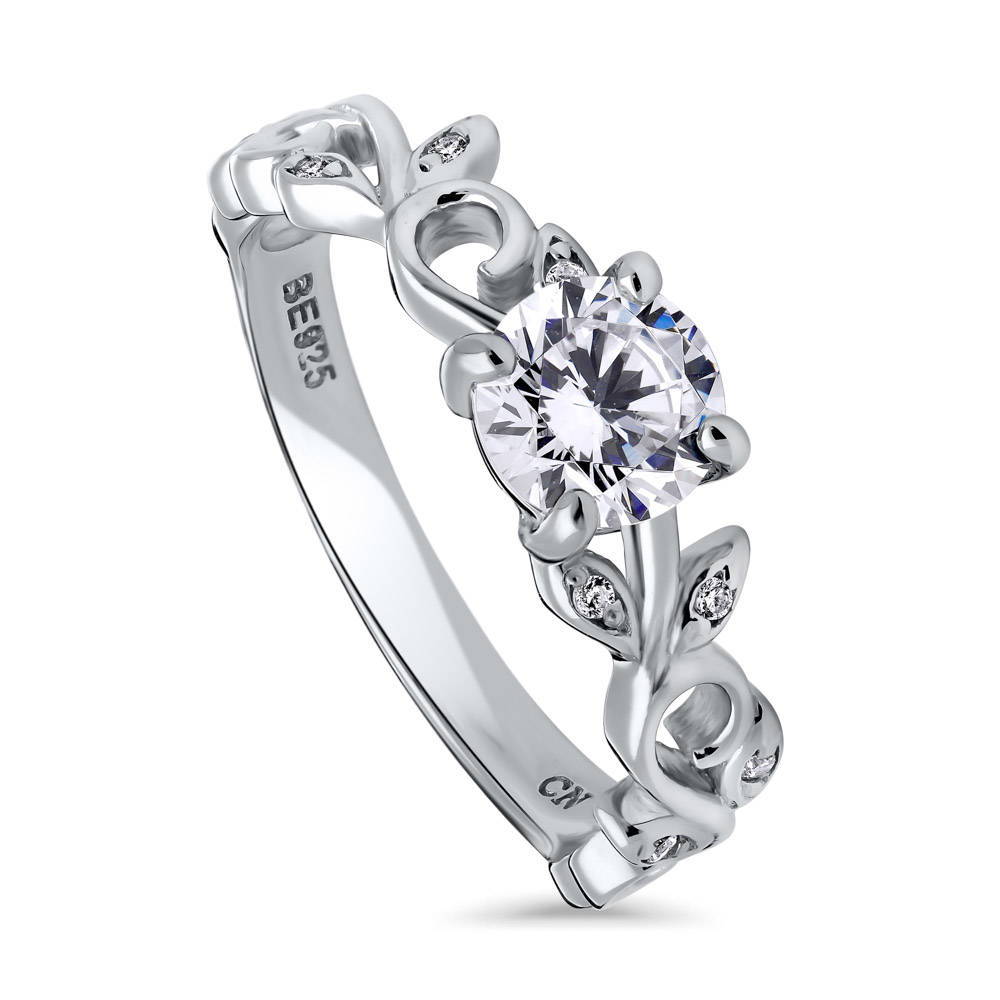 Front view of Solitaire Leaf Filigree 0.8ct CZ Ring in Sterling Silver, 4 of 6