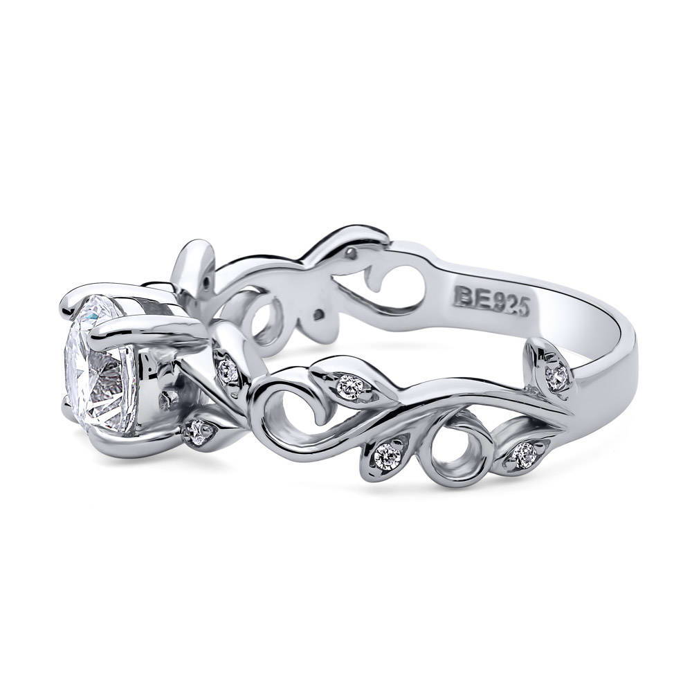 Angle view of Solitaire Leaf Filigree 0.8ct CZ Ring in Sterling Silver, 5 of 6