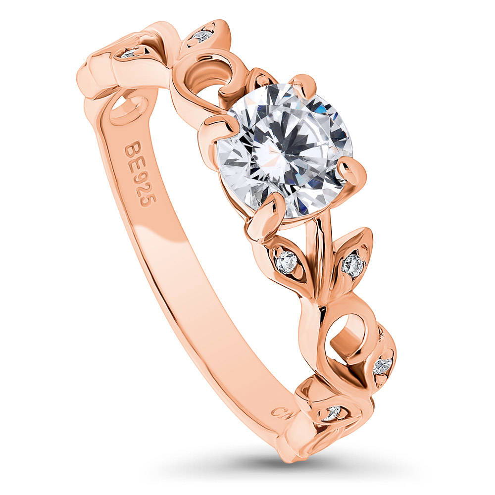 Solitaire Leaf 0.8ct Round CZ Ring in Rose Gold Plated Sterling Silver