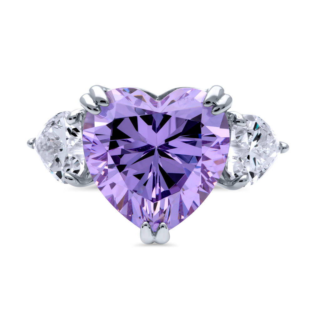 3-Stone Heart Purple CZ Statement Ring in Sterling Silver
