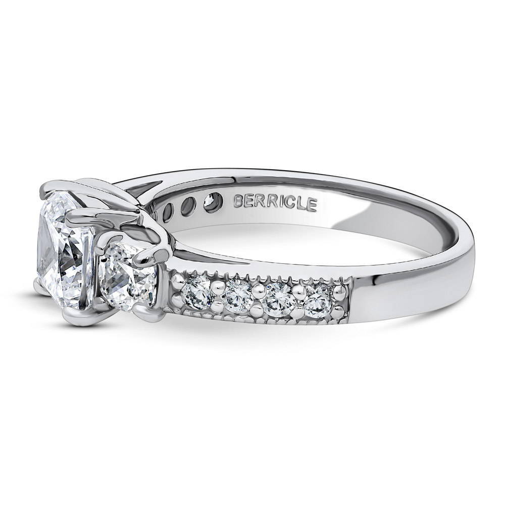 Angle view of 3-Stone 1.5ct Cushion CZ Ring in Sterling Silver, 5 of 7