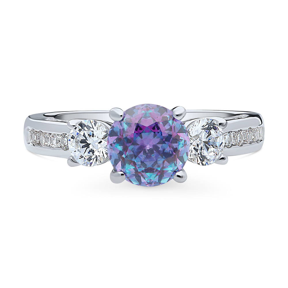 3-Stone Kaleidoscope Purple Aqua CZ Ring in Sterling Silver