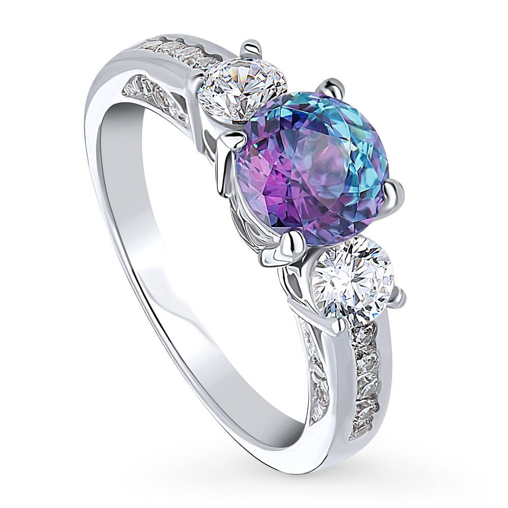 Front view of 3-Stone Kaleidoscope Purple Aqua CZ Ring in Sterling Silver, 4 of 8
