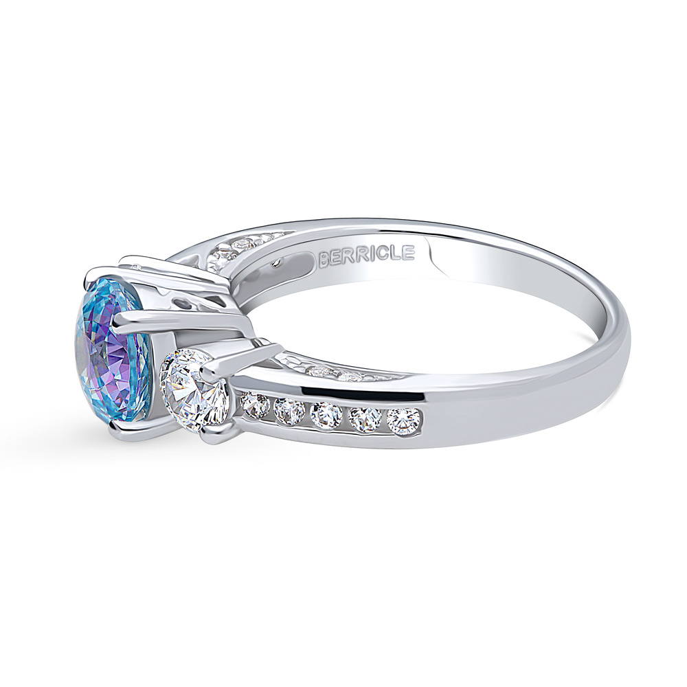 3-Stone Kaleidoscope Purple Aqua CZ Ring in Sterling Silver