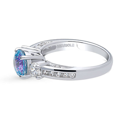 3-Stone Kaleidoscope Purple Aqua CZ Ring in Sterling Silver