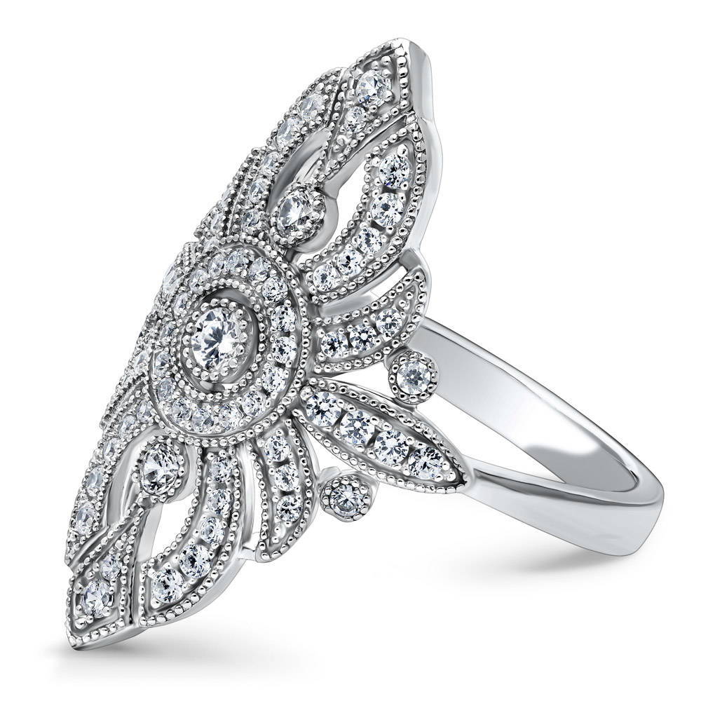 Angle view of Navette Art Deco Milgrain CZ Ring in Sterling Silver, 4 of 5