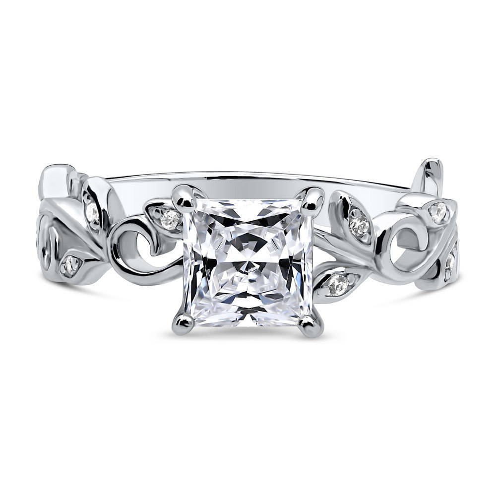 Solitaire Leaf Filigree 1.2ct Princess CZ Ring in Sterling Silver