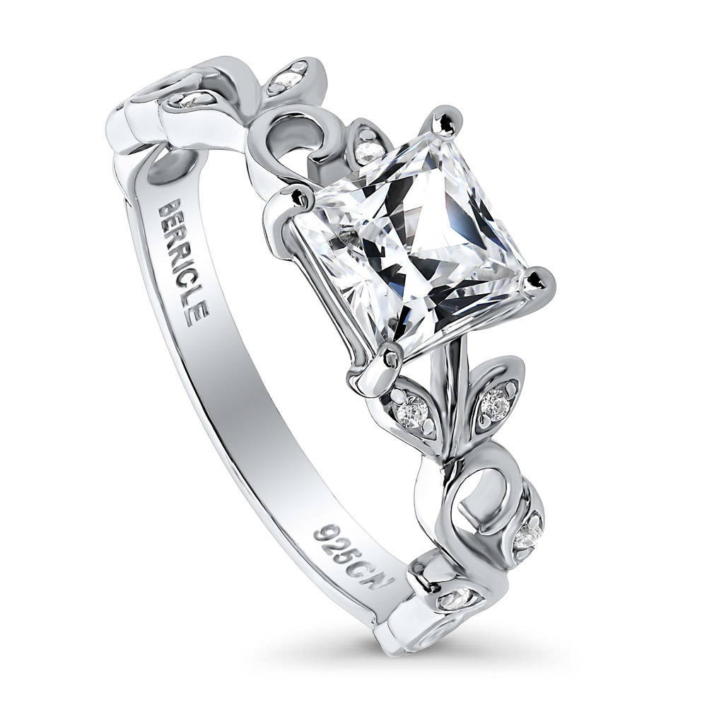 Front view of Solitaire Leaf Filigree 1.2ct Princess CZ Ring in Sterling Silver, 4 of 6